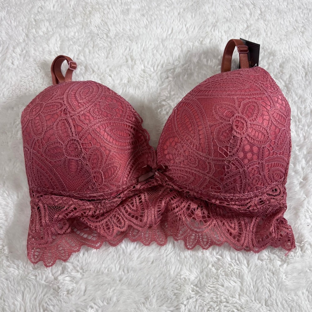 Fredericks Of Hollywood Floral Lace Padded Longline Bra Dusty‎ Rose Mauve Large